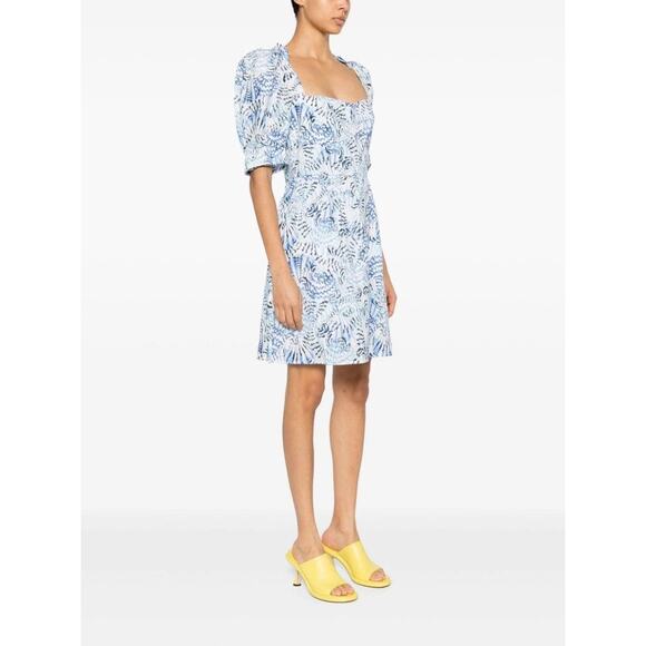 NWT SALONI Rachel-D Mini Dress Neptune Azure Size 2 Blue White Linen Puff Sleeve - Picture 2 of 16